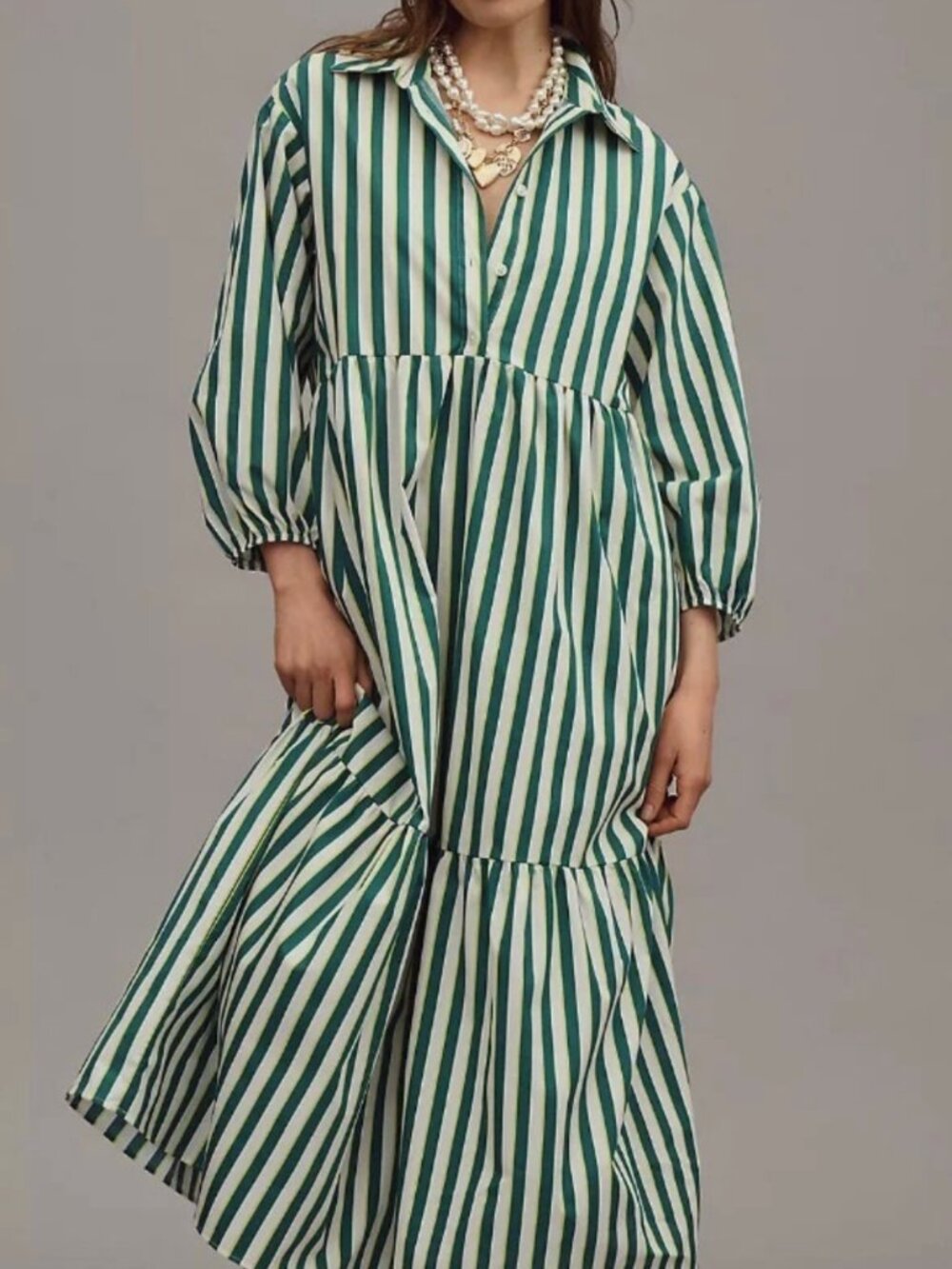 Maeve Green & White Bettina Tiered Shirt Dress